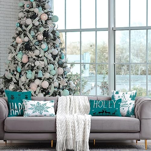 Miniatura 6 de Artmag Juego de 4 fundas de almohada de Navidad de 12 x 20 pulgadas, decoración de casa de campo, feliz día festivo, copos de nieve, decoración de