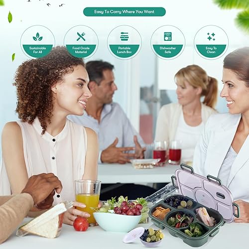 Miniatura 5 de Tarlini - Caja Bento verde para adultos, contenedor de 5 compartimentos con separadores para comidas equilibradas, caja Bento japonesa segura para