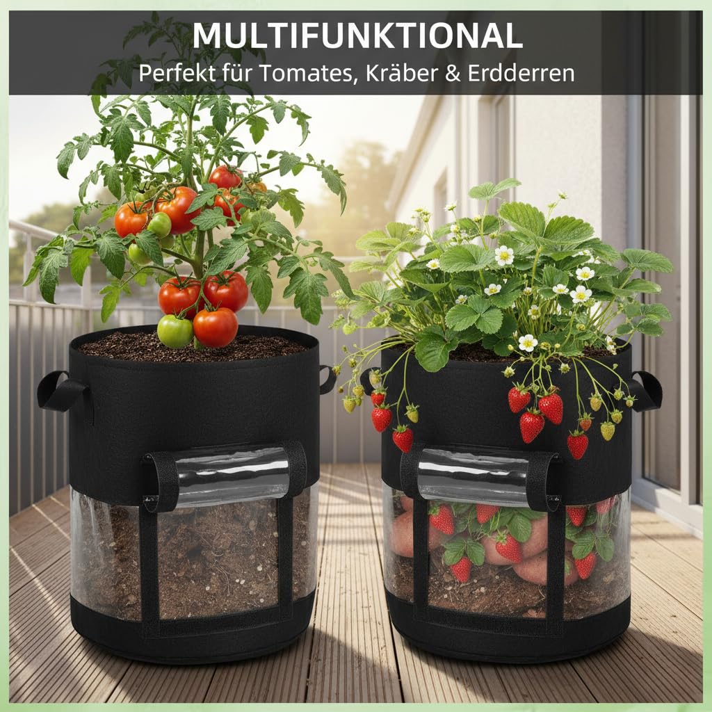 Premium Kartoffel Pflanzsack für effizienten Anbau | 7/10 Gal Vliesstoff-Pflanzbeutel mit Sichtfenster & Tragegriffen | Robuster Stofftopf für Garten & Balkon, Mehrfach verwendbar (4pcs,7 Gallonen)
