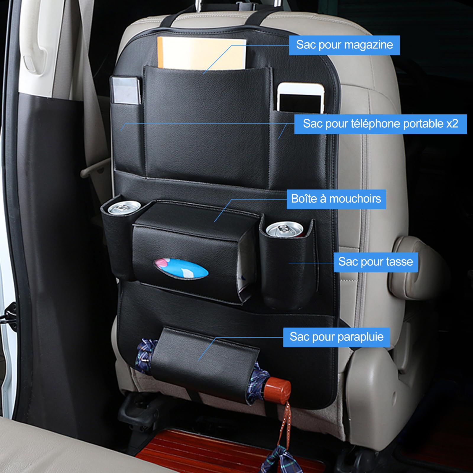 Ergocar 2 Packs organisateurs de Voiture en Cuir PU, Housse de Protection de siège arrière, Organisateur de siège arrière de Voiture Kick Mat avec 10.1 "Support pour iPad/Tablette - Noir