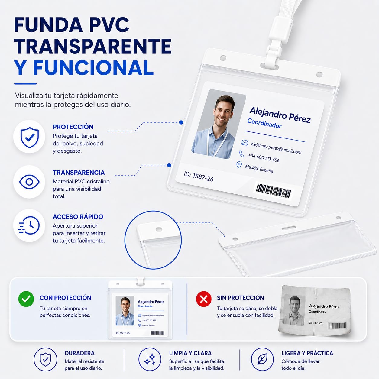 Pack 20 Porta Tarjetas Identificativas con Lanyard Blanco y Funda Transparente 110x80mm