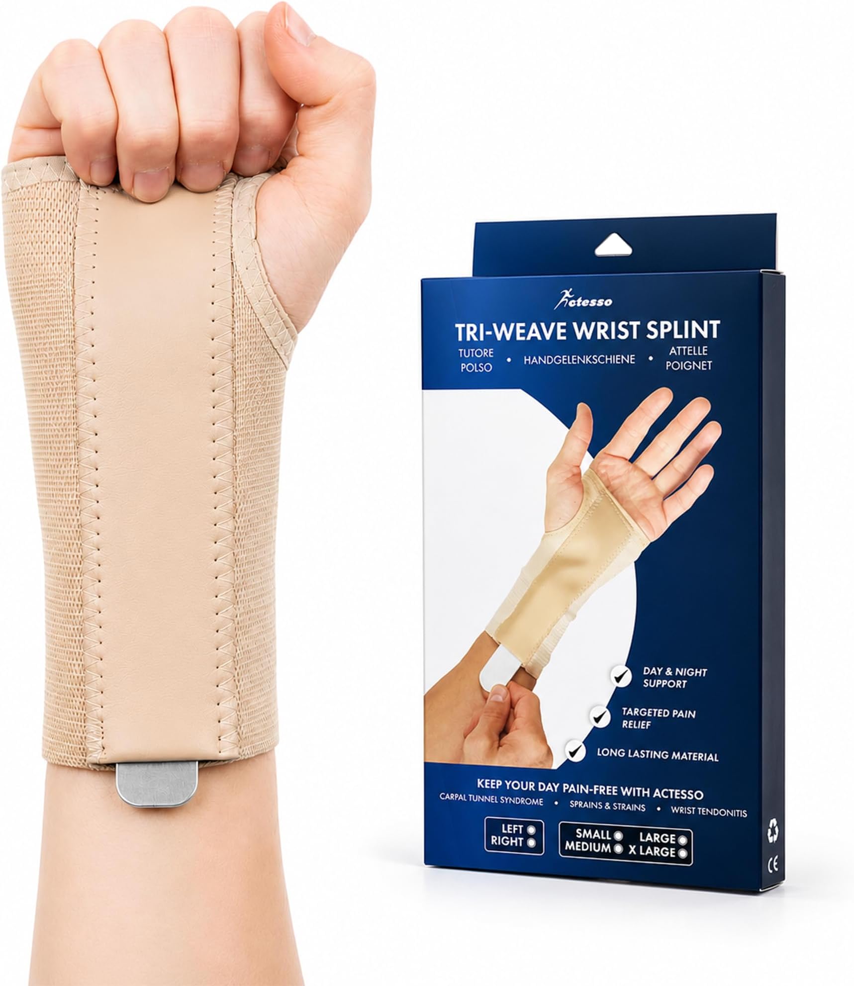 Actesso Tri-Weave Wrist Splint Brace, Day & Night Relief | Wrist Support for Relief from Carpal Tunnel, Fractures, Sprains and Joint Pain (Beige, Medium, Left Hand)