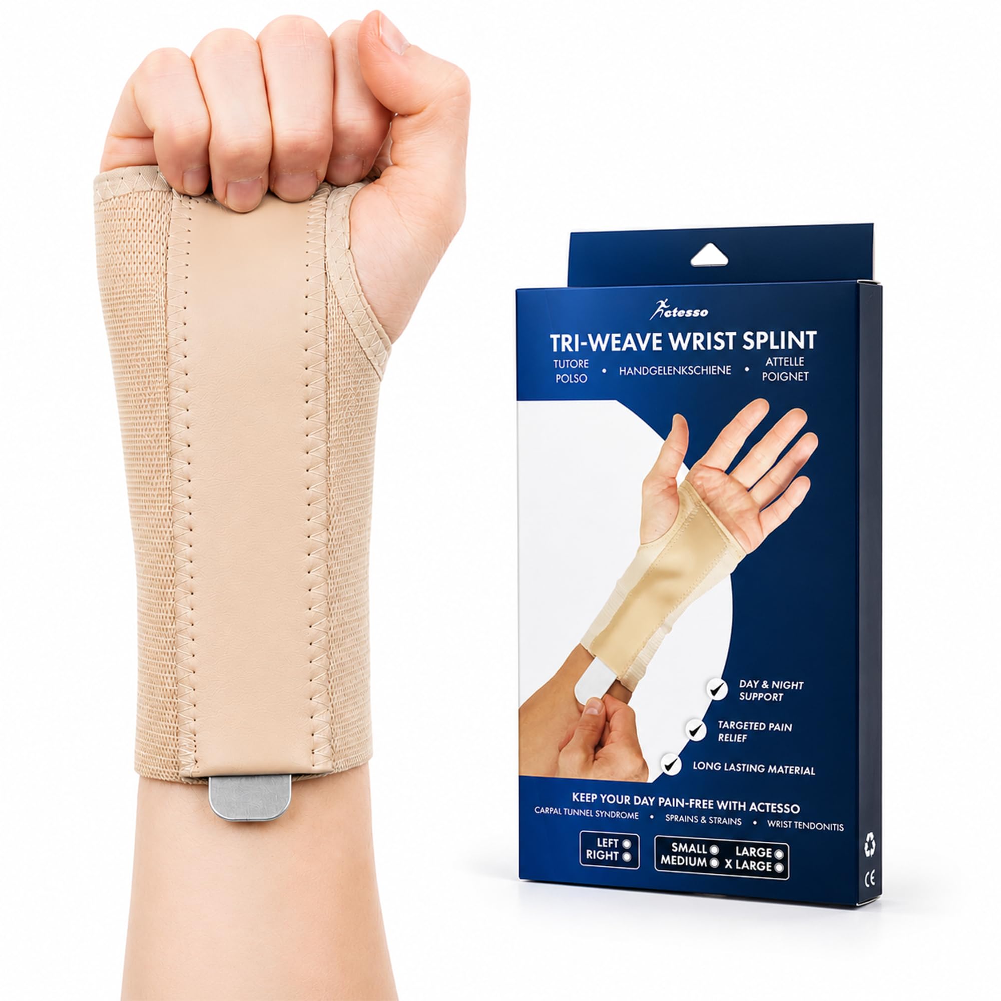 Actesso Tri-Weave Wrist Support Splint Brace - Relieves Pain from Carpal Tunnel, Fractures, Sprains and Joint Pain (Beige, Large Right)-image-3