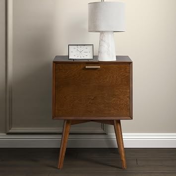 HULALA HOME End Table with Solid Wood Flared Legs, Mid-Century Modern End Table with Hidden Drawer & Metal Handles, Side Table with Charging Station, Adjustable Height, Walnut