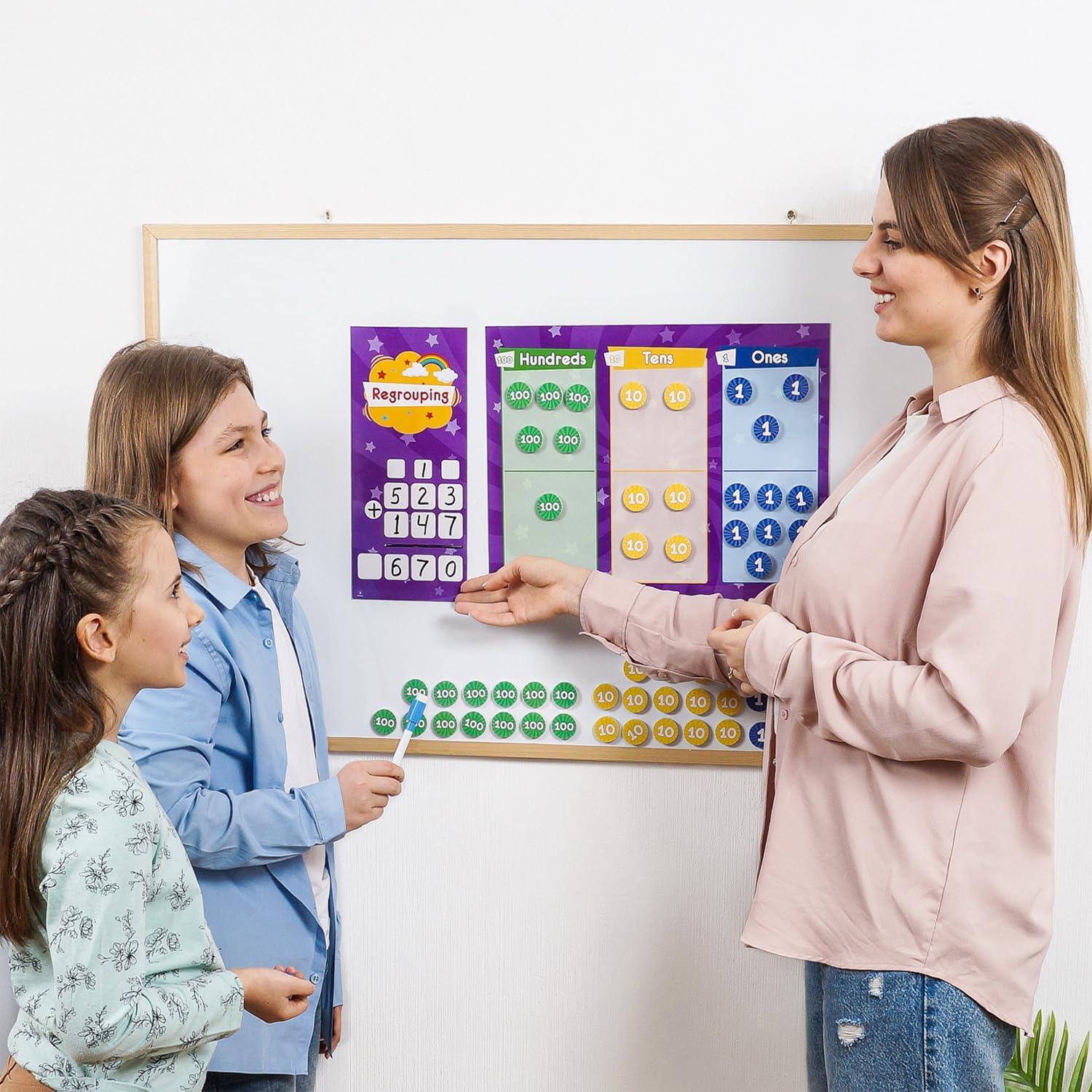 73 PCS Fun Magnetic Regrouping Activities Kit, Place Value Magnets, Magnetic Place Value Chart Mat, Place Value Manipulative 1st 2nd 3rd 4th Grade, Place Value Disks Chips, Base 10 Math - Simply Magic