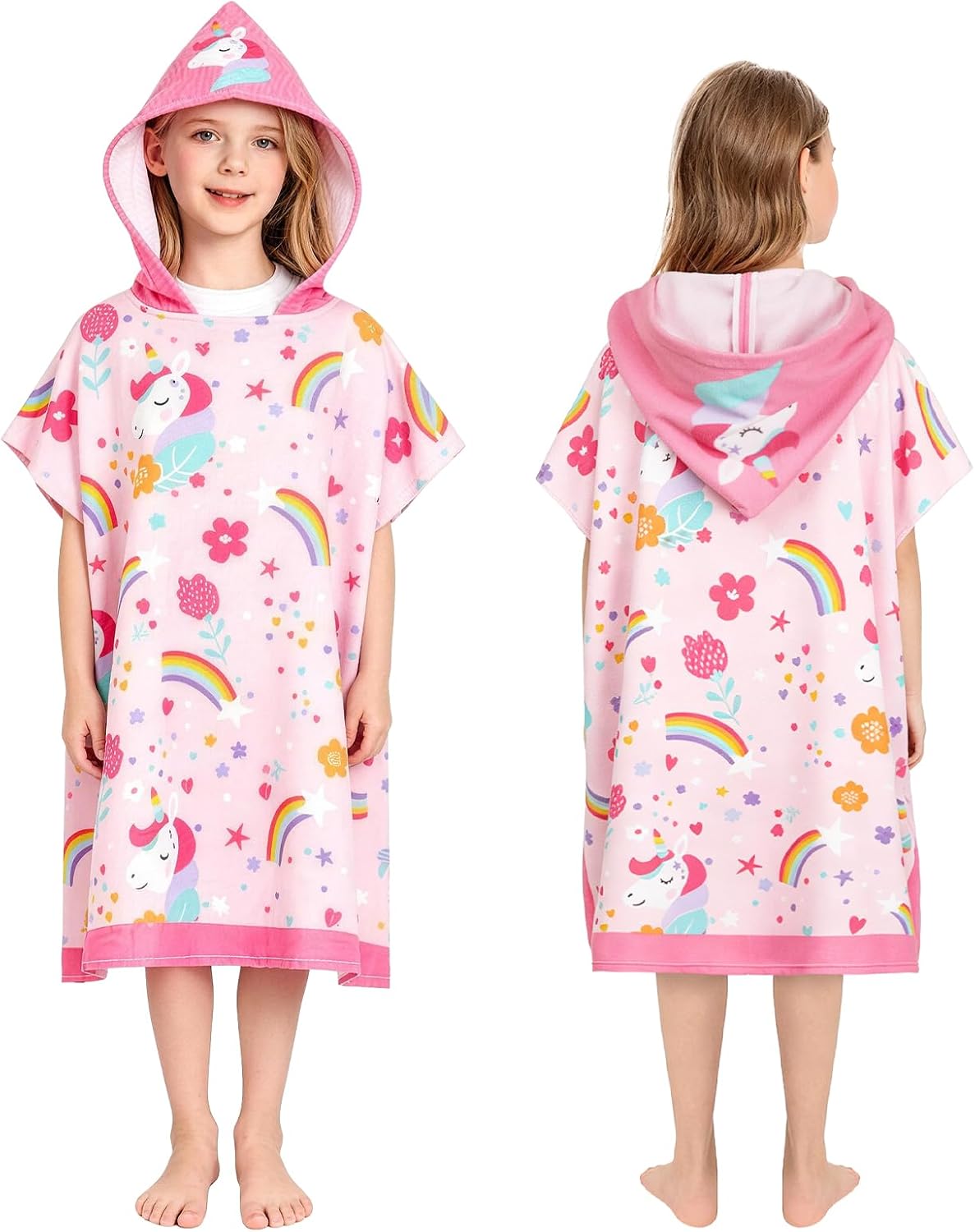 OLAOLA Hooded Beach Towels for Kids, Soft & Absorbent Quick Dry Lightweight Microfiber Beach Towel, Perfect Pool Ponchos for Kids with Hood-Pink for 5-12 Years Kids