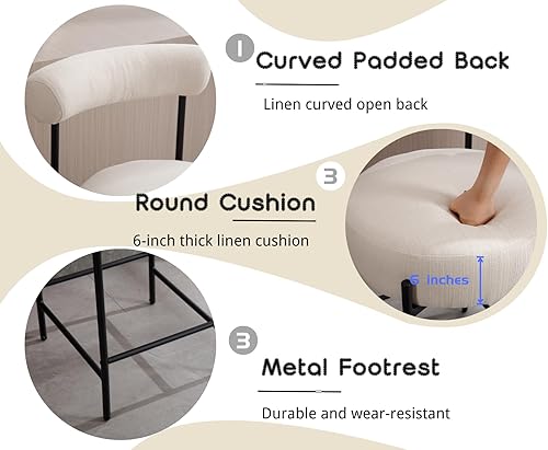 Miniatura 4 de EALSON Moderno juego de 2 taburetes de bar tapizados de lino con respaldo abierto curvoasiento redondo, cómodas sillas de bar para isla de cocina,