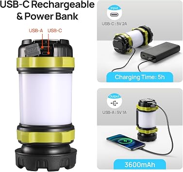 Consciot 2 Pack LED Camping Lantern Flashlight Rechargeable, 6 Light Modes