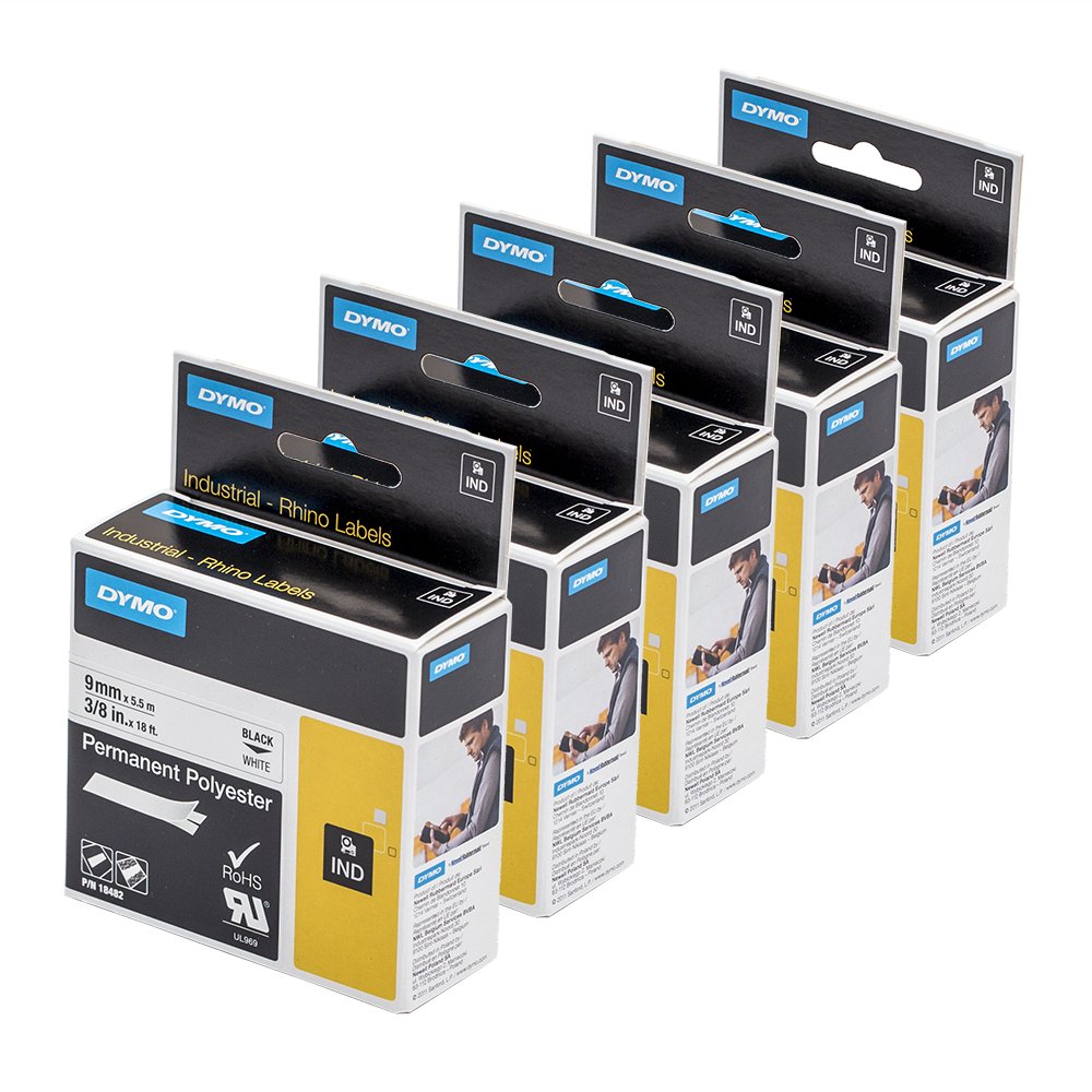 5 x Dymo 18482 Rhino Industrie Polyester Etiketten, selbstklebend, 9 mm x 3,5 Schwarz auf Wei + Papermate Kugelschreiber Geschenk