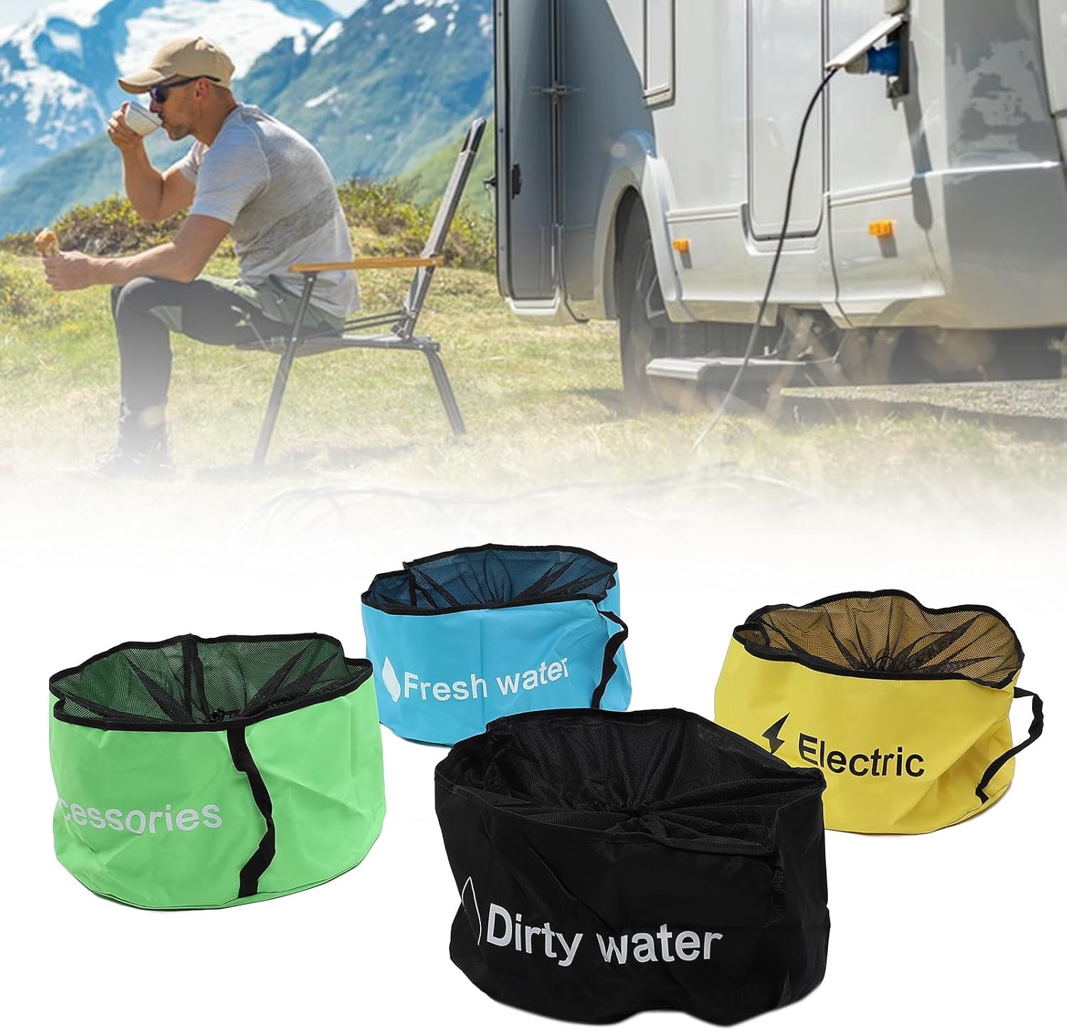 Yosoo RV Accessories Bag, Set of 4, RV Utility Bag and Breathable Mesh Top, Color Coded Hose Storage with Spacious Design for Gray, Black