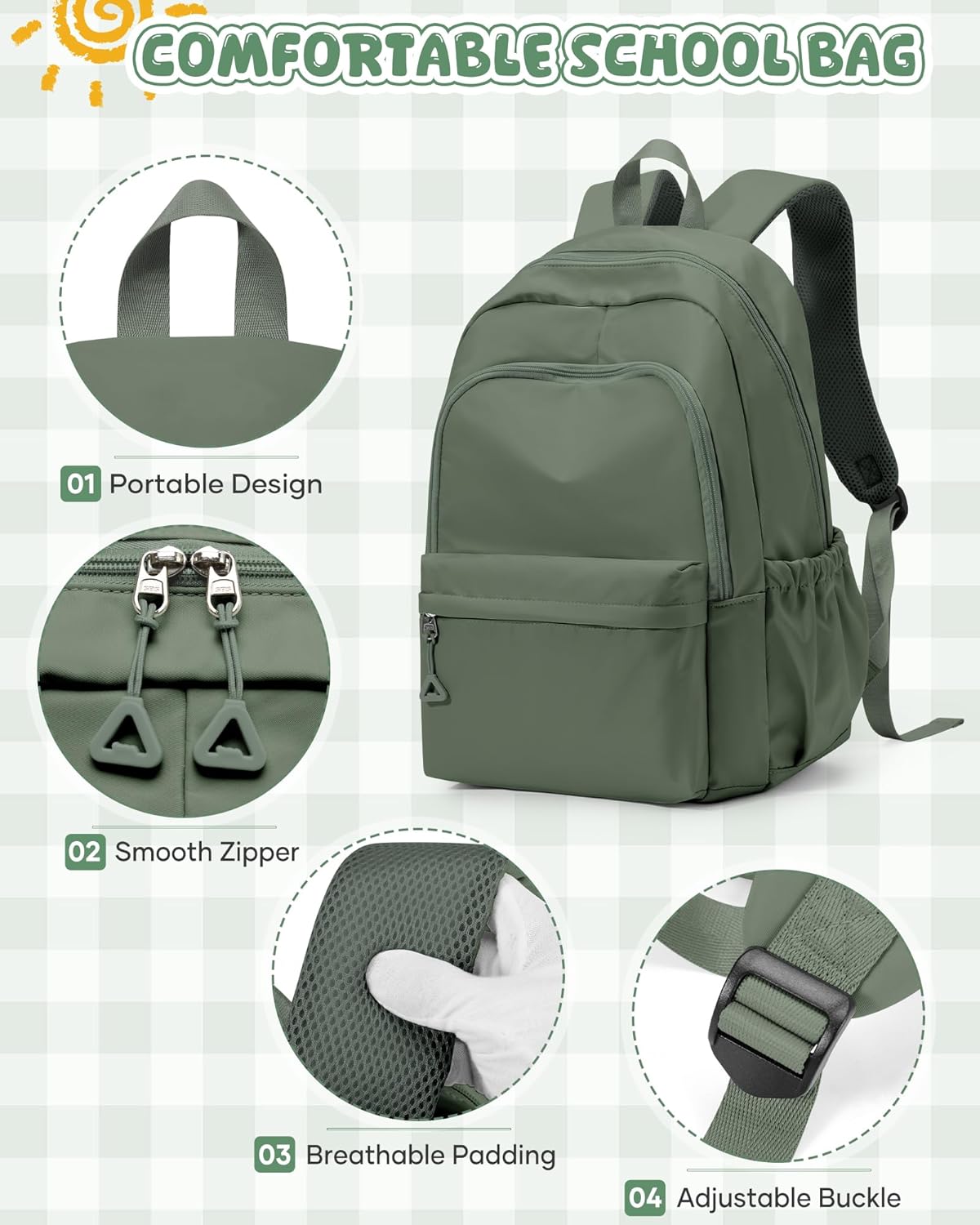 winspansy Backpack for School Teenage Girls Boys,Waterproof Lightweight School Bags Travel Daypack Simple Cute College Backpack Rucksack for Women Men fit 14 Inch Laptop,Army Green - Image 3