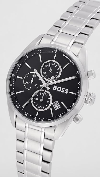 BOSS Chronograph Quartz Watch with Calendar for Men Grand Prix 44 Collection with Stainless Steel Bracelet or Leather Strap