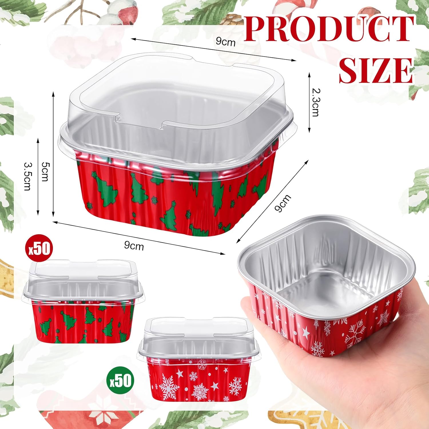 100 Pcs Christmas Aluminum Cups Foil Cupcake Container with Lids 5 oz Xmas Square Foil Pan Holder Mini Disposable Ramekins Cake for Xmas Party (Snowflake, Christmas Tree)