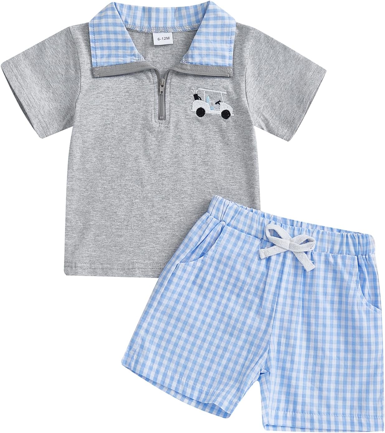 Toddler Baby Boy Summer Outfit Embroidered Quarter Zip Short Sleeve Collared Shirt Plaid Shorts Set Clothes