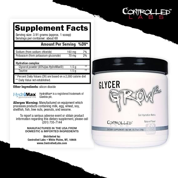 CONTROLLED LABS GlycerGrow 2, Increase Cell Volume and Vascularity, Helps Improve Endurance, Growth, and Recovery, Helps Maintain Workout Intensity, 60 Servings, Unflavored