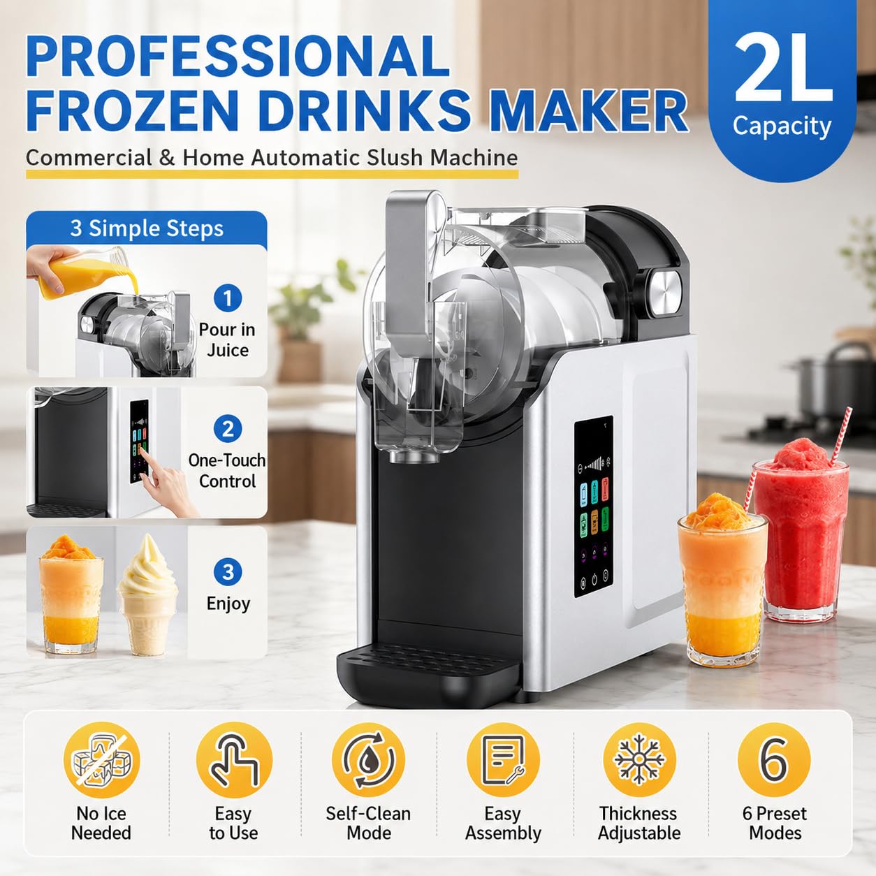 Creami Style Máquina De Granizados, 2L Bebidas Frías Para Hogar Y Café | 6 modos de bebidas, control táctil intuitivo, mantenimiento rápido, resultados café