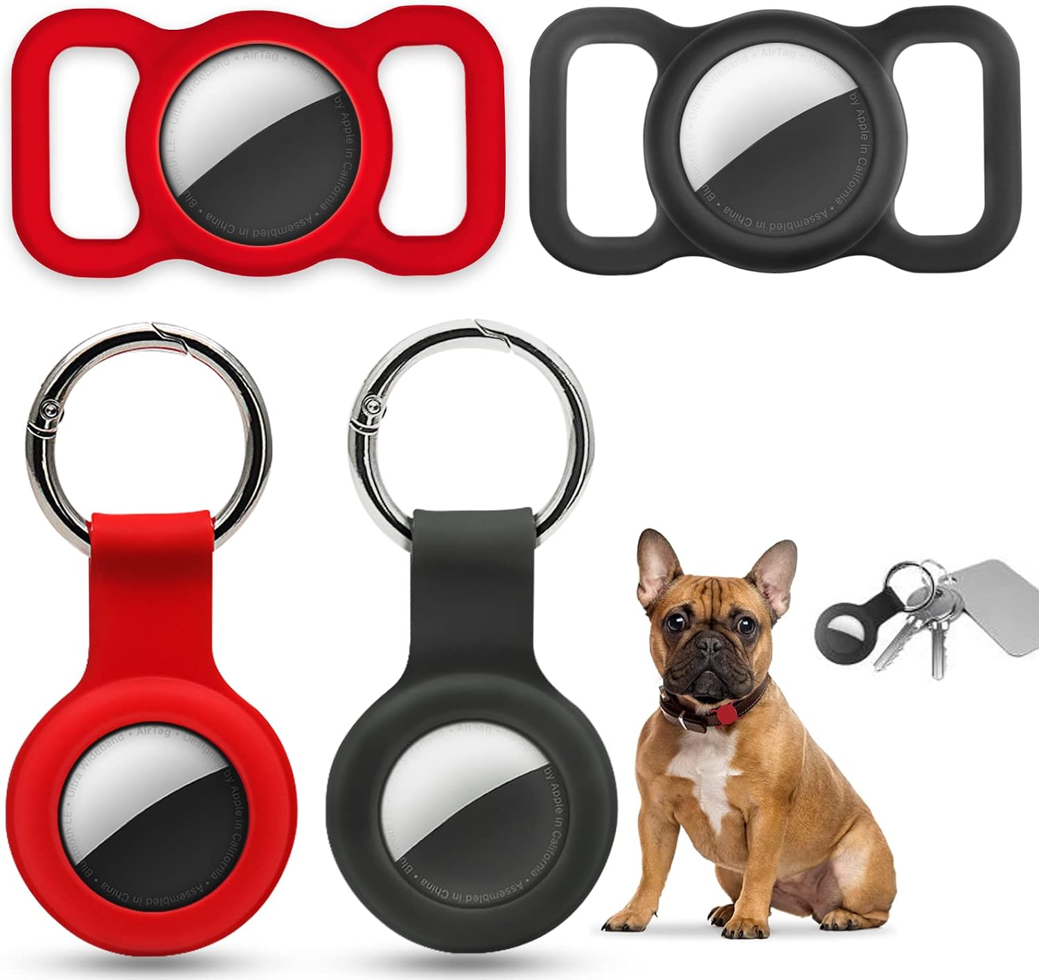 Alinana Cat Collars Holder for AirTag(4 Pack), Silicone Pet Collar Case for Apple Airtags, Airtag Dog Collar Holder, Red, Black