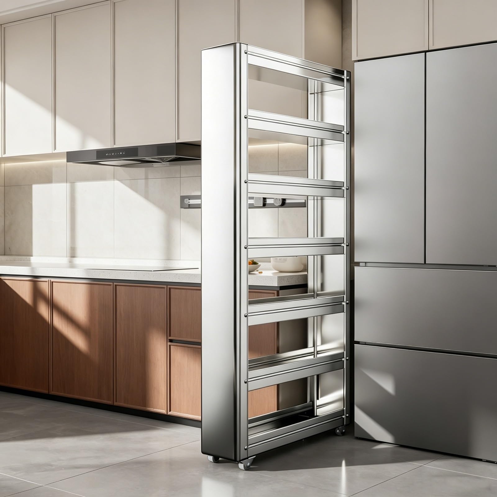 Carrito de almacenamiento delgado, organizador rodante de acero inoxidable con ruedas, estante estrecho extraíble para cocina, refrigerador, espacios pequeños, 15.7 x 4.7 x 52.7 pulgadas