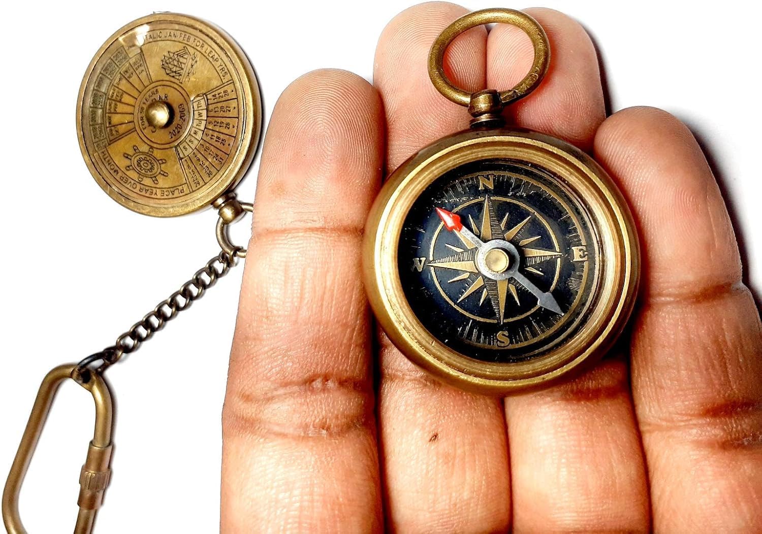 Vintage-Style Brass Compass and Calendar Keychain, 1.05 inch, Brown Antique Finish