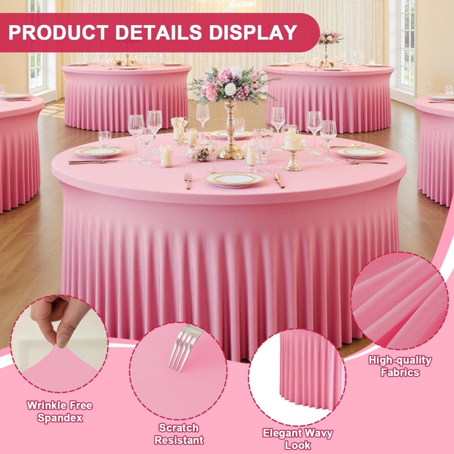 2 Pack Pink Round Tablecloth 60 inch, Spandex Fitted Wrinkle Free Table Cover with Skirt Washable Tablecloths for Wedding Photo Party Professional Events Birthday Decor