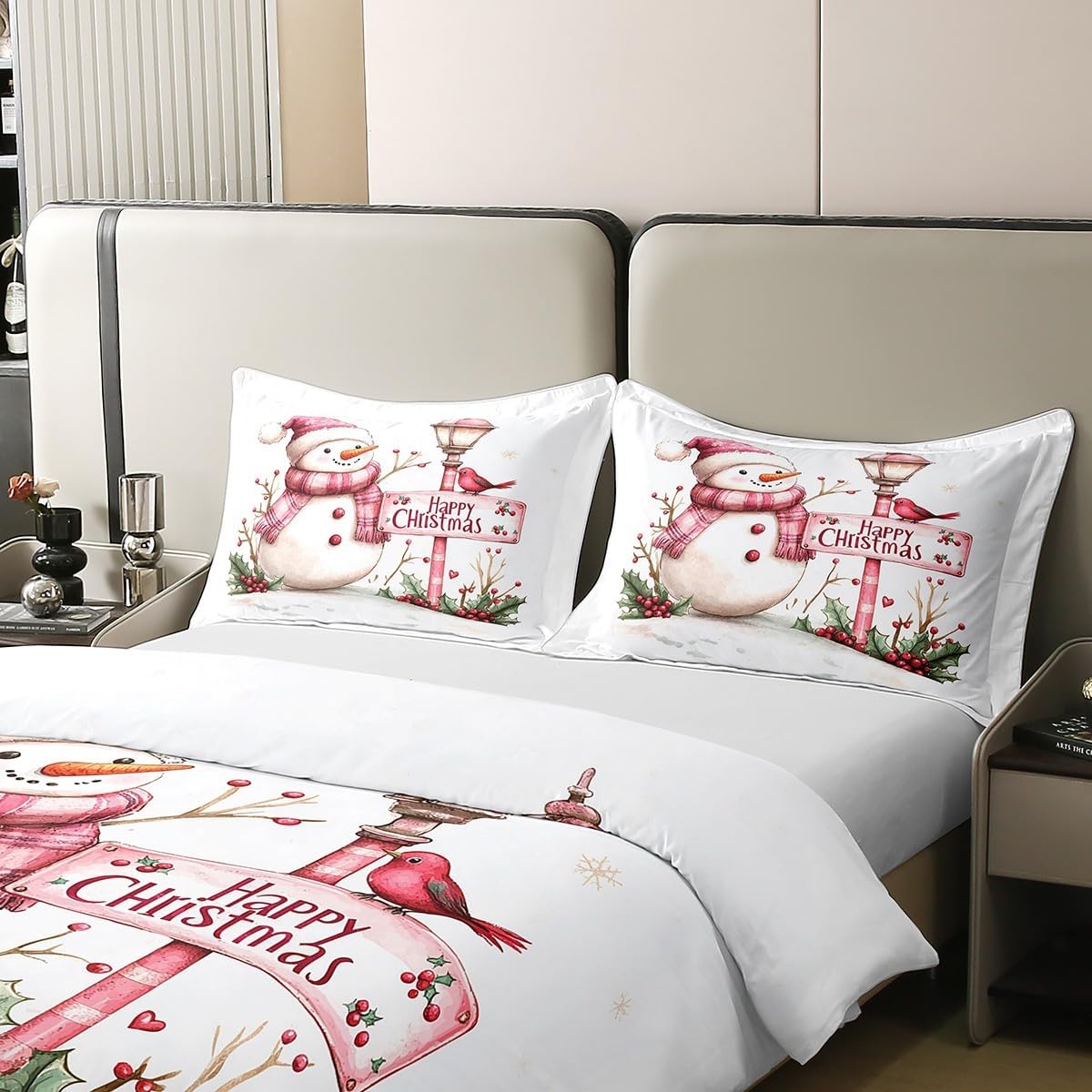Erosebridal Pink Christmas Bedding Set Twin Cute Winter Snowman 100% Cotton Duvet Cover Street Lamp Cardinal Comforter Cover for Kids Boys Girls Adults Xmas Snowman Bed Set 2 Pcs