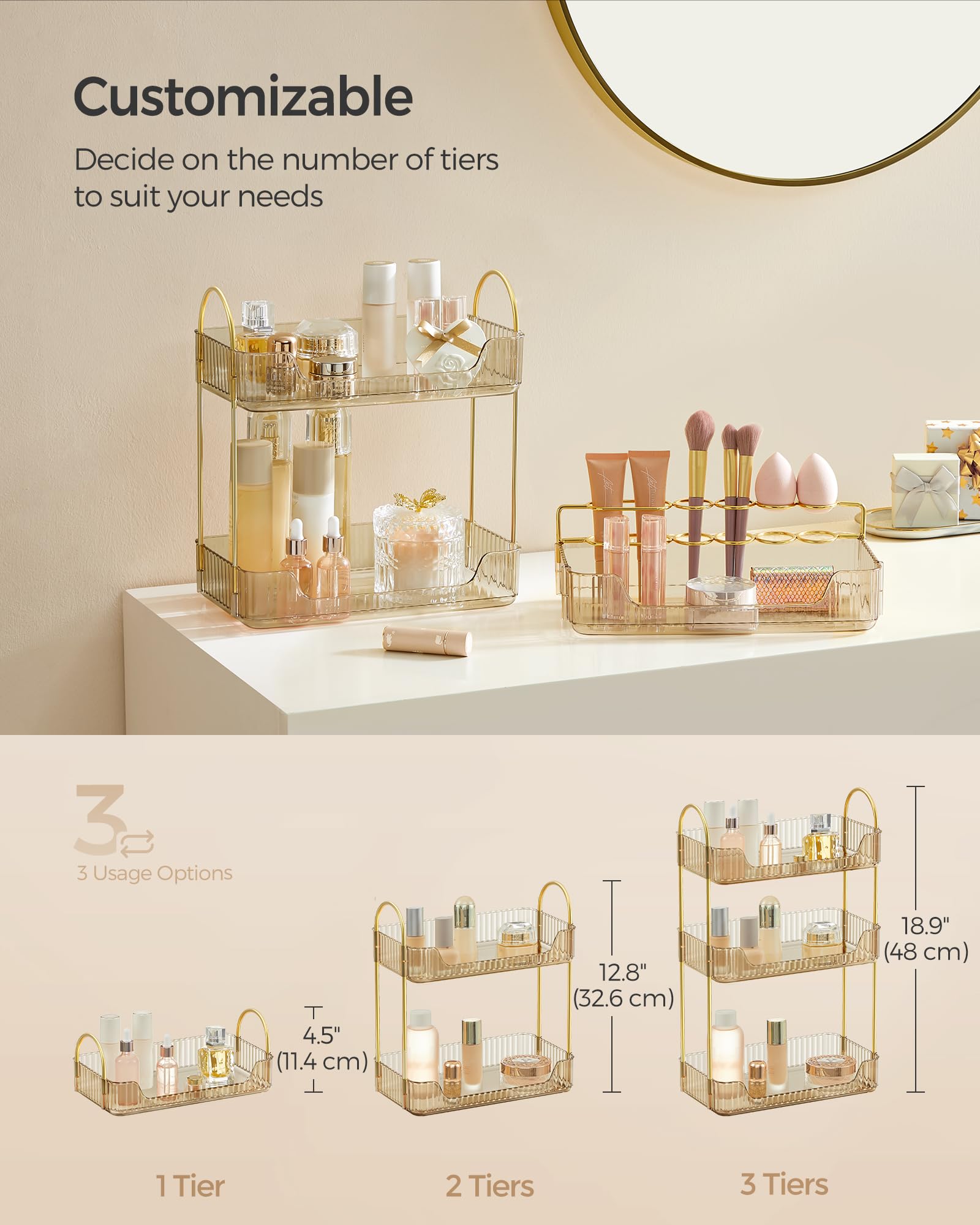 SONGMICS Makeup Organizer, Christmas Gifts, 3-Tier Skincare Organizer Countertop, Customizable, 2 Types of Accessories, Jewelry Holder, for Vanity, Bedroom, Bathroom, Champagne Gold UJKA013A01
