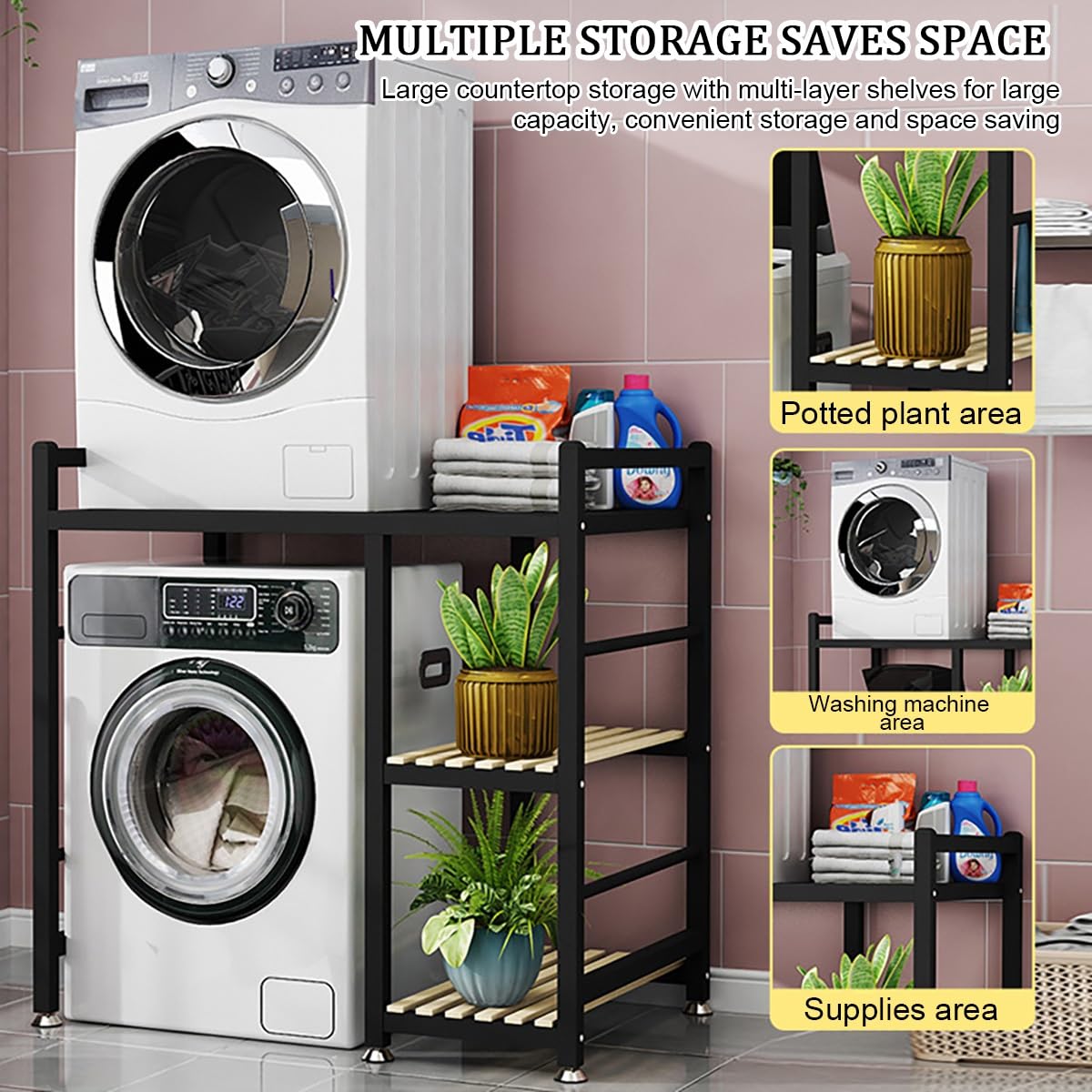 Lavatrice Scaffale A 3 Ripiani,Supporto Lavatrice Asciugatrice,Tamburo Lavastoviglie Ripiano Di Stoccaggio,Mobiletto Sopra Lavatrice,Supporto Asciugatrice Sopra Lavatrice,Per Bagno, Lavanderia(Black-A