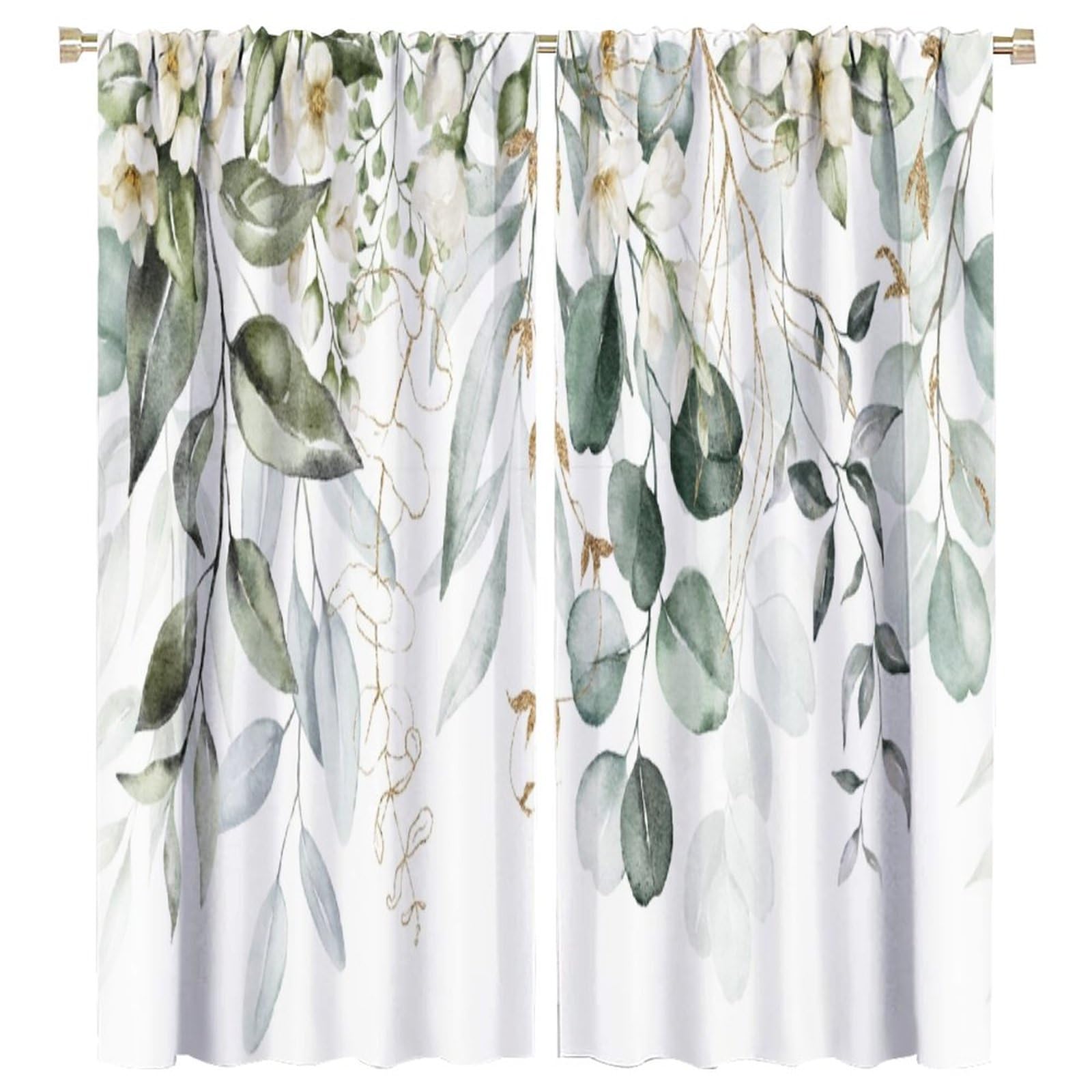 Green Eucalyptus Leave Curtains Watercolor Floral Spring Botanical Blackout Print Rod Pocket Window Drapes for Bedroom Living Room 55x63in