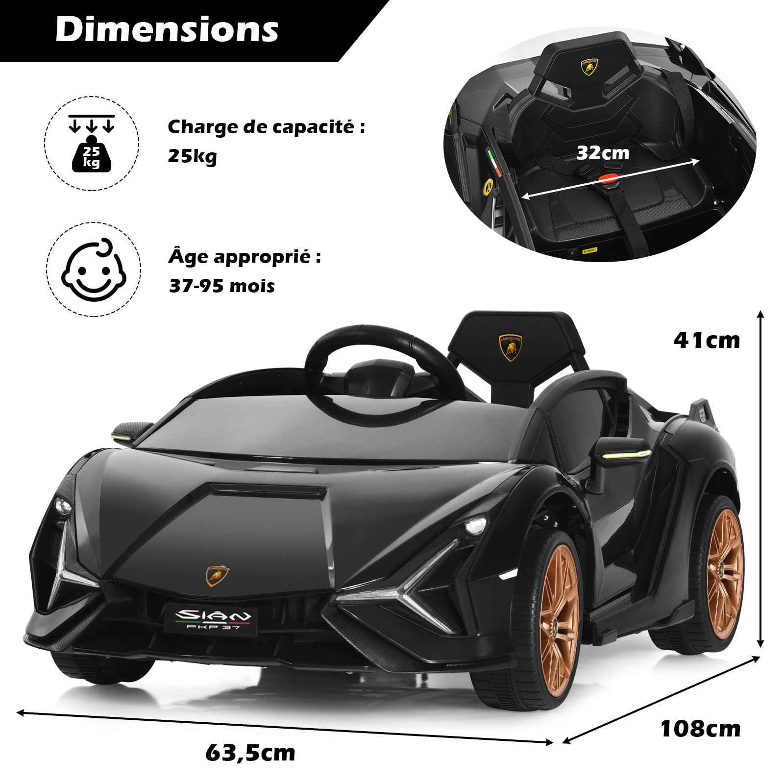 GOPLUS 12V Voiture Electrique Enfants Lamborghini avec Télécommande 2,4G,Véhicule Electrique Enfants 3-8 Ans avec Portes Papillon LED/Musique/USB,3-5 KM/H,Charge 25KG(Noir)