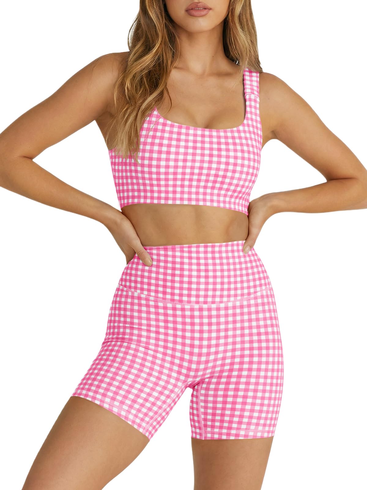 Photo 1 of Aoysky Womens Workout Gingham 2 Piece Outfits Padded Open Back Crop Tank High Waist Sports Shorts Sets Casual Yoga Matching Sets