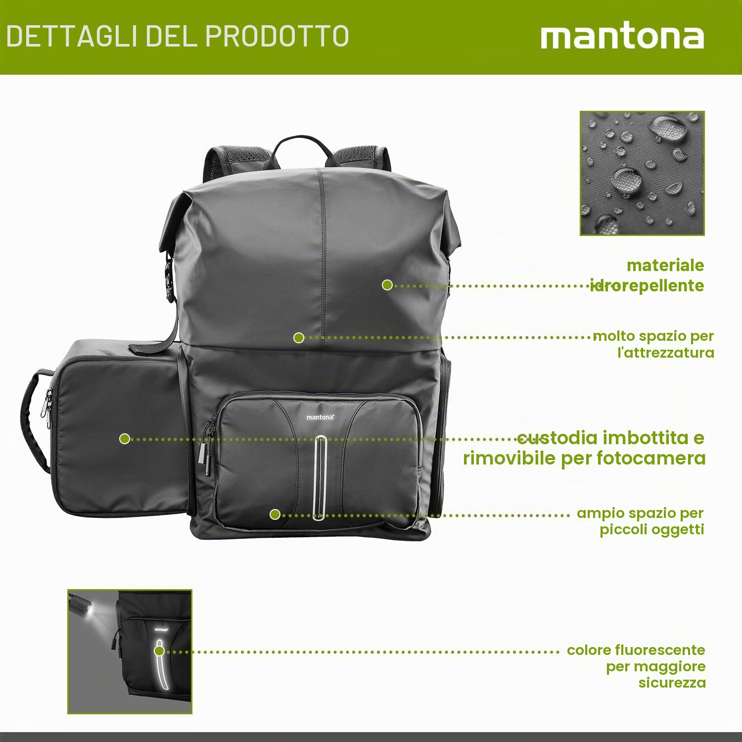 MANTONA Zaino per fotocamera SLR DSLR in materiale impermeabile con accesso rapido e chiusura a strappo