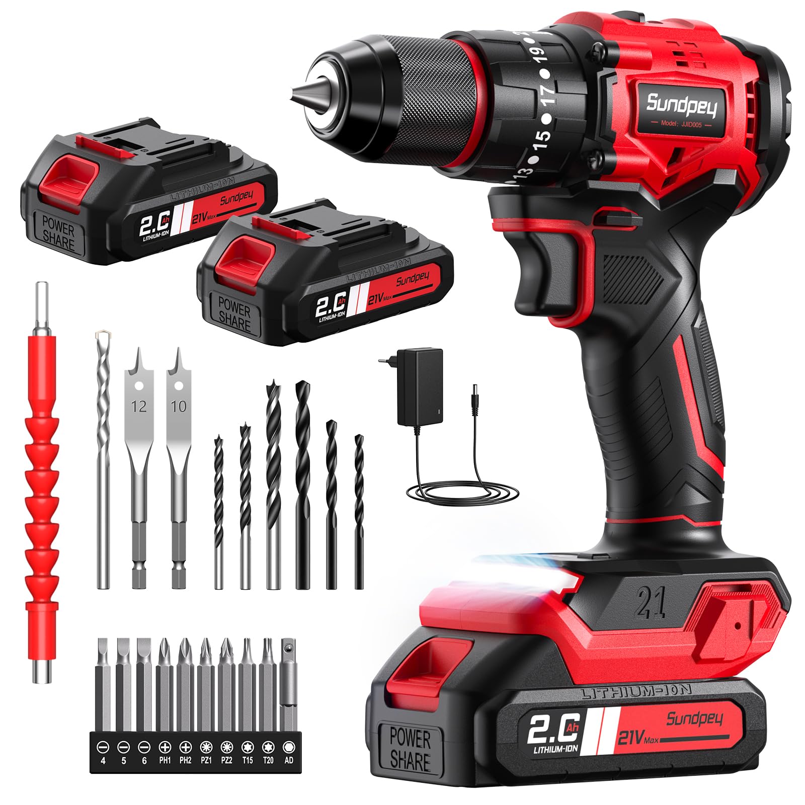 Sundpey Taladro Percutor a Bateria 70Nm - 21V Sin Escobillas Taladro Atornillador Bateria con 2 Baterías 2.0Ah, 23+3 Ajustes, 2 Velocidad, Luz LED, Destornillador Eléctrico para Hogar Bricolaje
