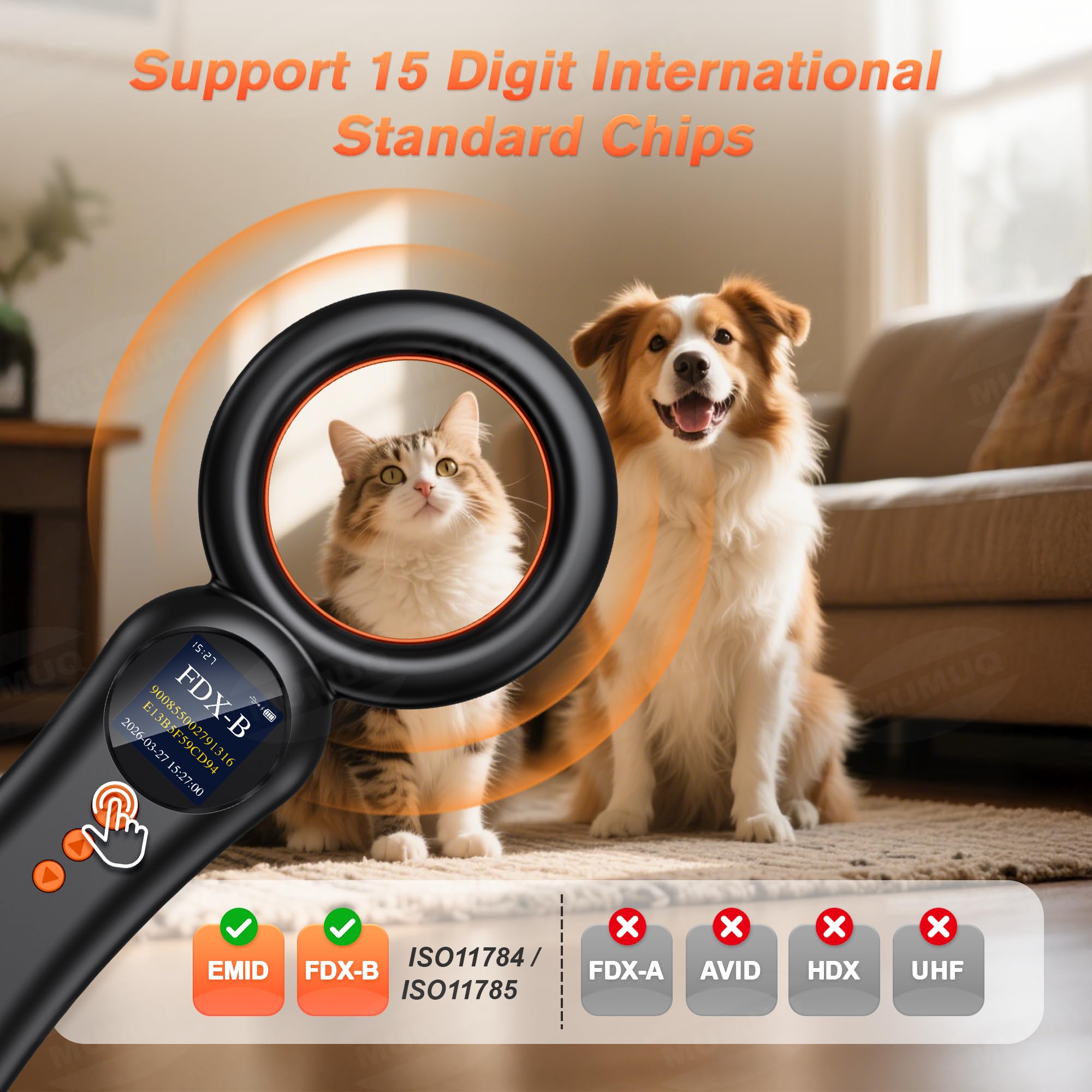 Lecteur de Puce électronique pour Animaux, Compatible FDX-B (ISO11784/85) et EMID – Scanner Puce Chien Chat NAC avec mémoire intégrée pour 500 enregistrements et écran LCD 1,44 Pouce