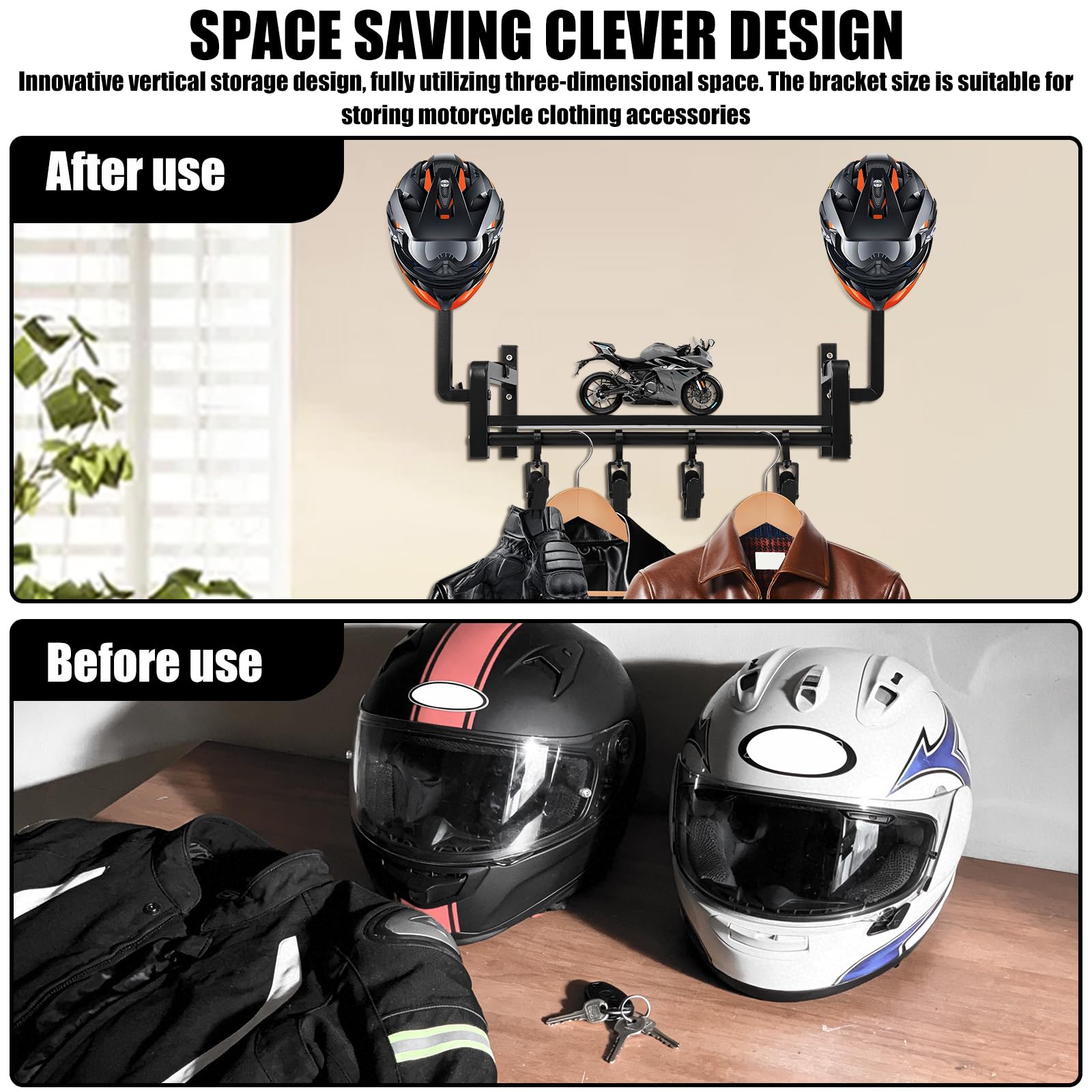 Helmhalterung Wand, Motorradhelm Halterung Display Organizer mit 2 Hutständern, Helmhalter Wandhalterung mit 4 Motorrad Handschuhhaken,Motorradkleidung Aufbewahrung für Fußballmotorräder(schwarz)