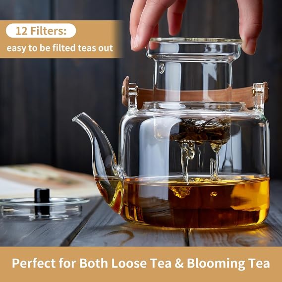 Glass Teapot Set, 37OZ/1100ML Glass Tea Kettle with 4 Double Wall Teacups, Tea Pot with Infusers for Loose Tea, Stovetop & Microwave Safe Tea Maker