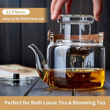 Glass Teapot Set, 37OZ/1100ML Glass Tea Kettle with 4 Double Wall Teacups, Tea Pot with Infusers for Loose Tea, Stovetop & Microwave Safe Tea Maker