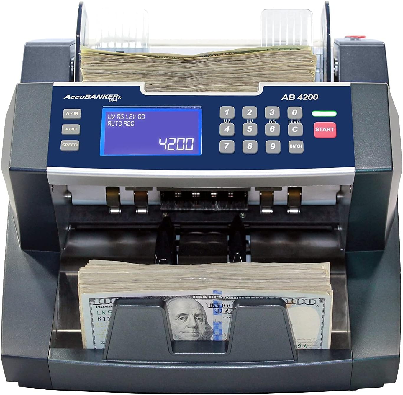 AccuBANKER AB4200UV Bank Grade Money Counter Machine 300 Bills Hopper Capacity Variable Counting Speeds up to 1,800 Bills/min with Counterfeit Detector Ultraviolet & Emergency Stop Function