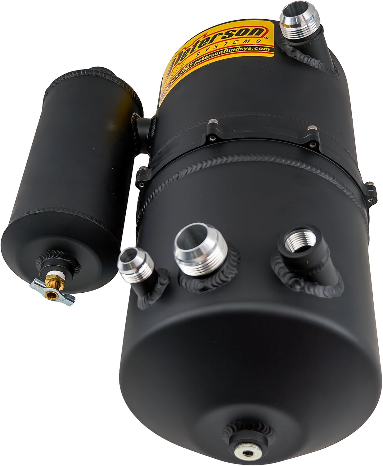 08-0785-CC-BLK Oil Tank, Drag, Dry Sump, 2.3 gal, 16.625 in Tall, 7 in OD, 16 AN Male Inlet, 16 AN Male Outlet, Breather Tank, Heater Port, Aluminum, Black Anodized, Each