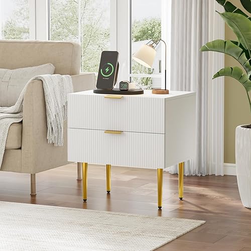 Miniatura 4 de Algherohein Mesita de noche blanca para dormitorio, mesita de noche acanalada, mesa auxiliar para sala de estar, mesita de noche moderna de mediados