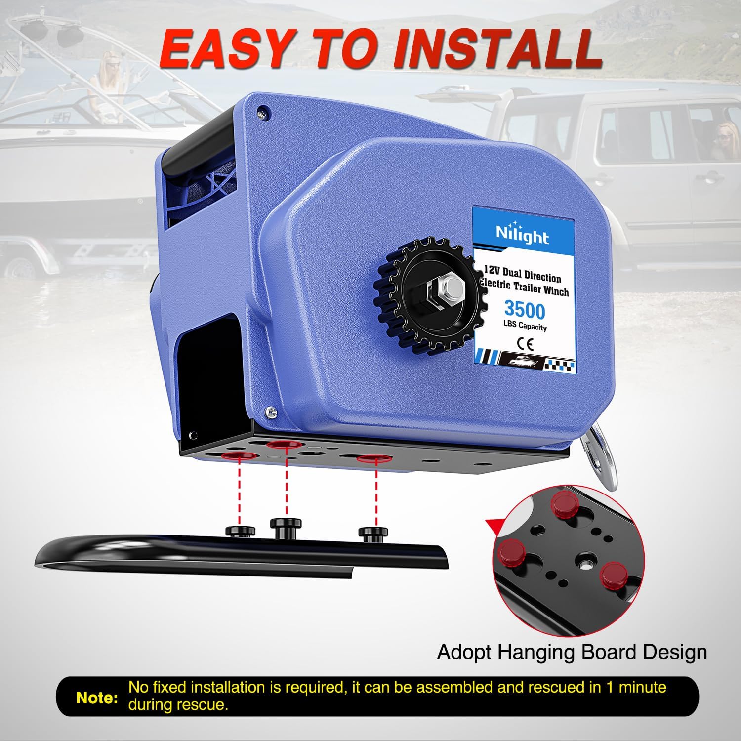 Nilight Boat Trailer Winch 3500 lbs Portable Electric Boat Winches 12 V DC Marine Winch with Steel Cable Remote Control & Hand Crank Power-in Freewheel Operat Waterproof Winch for Boat Trailer, Blue