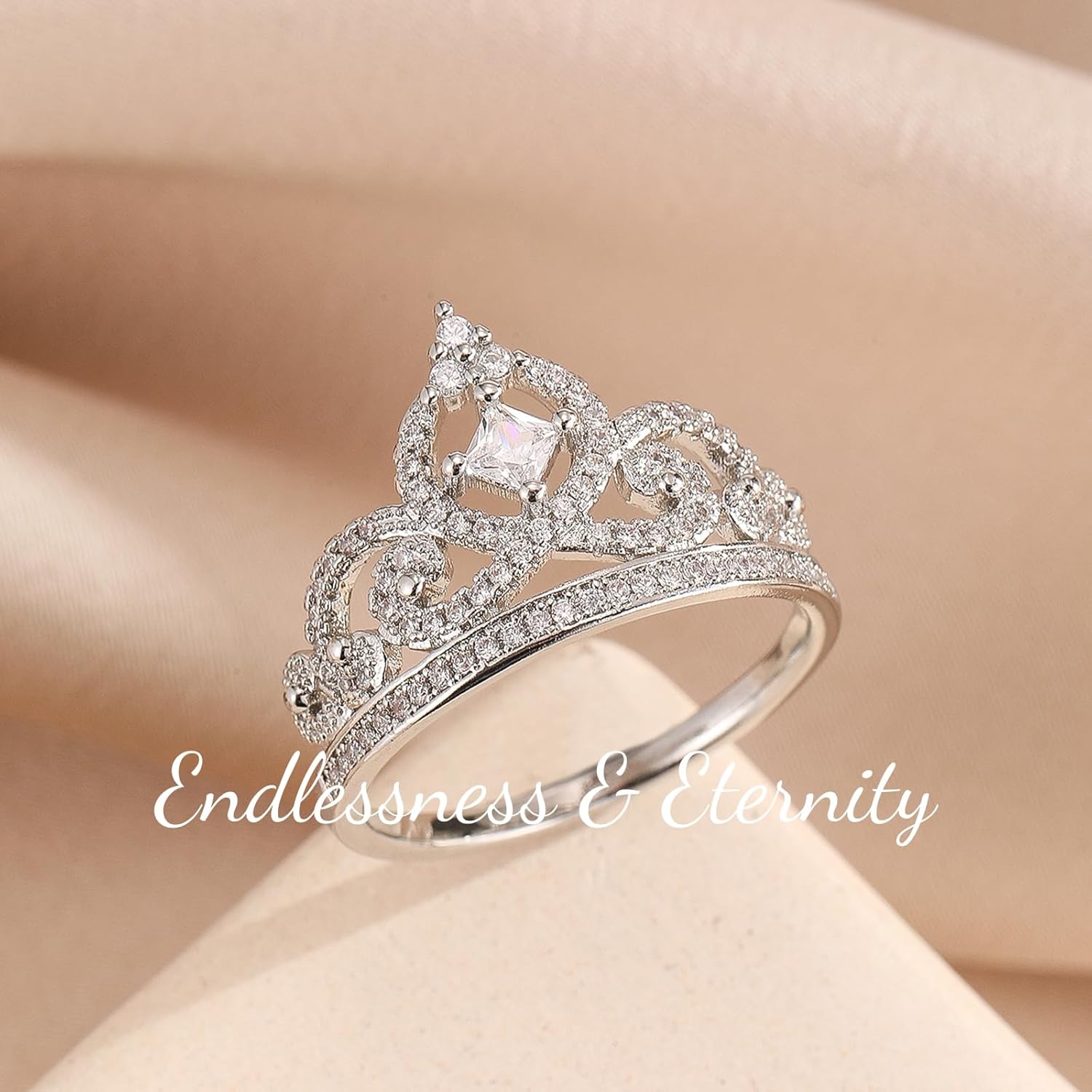 ENDLESSNESS & ETERNITY Crown Princess Half Eternity Band Ring Cubic Zirconia Wedding Engagement Promise Ring Gift for Women
