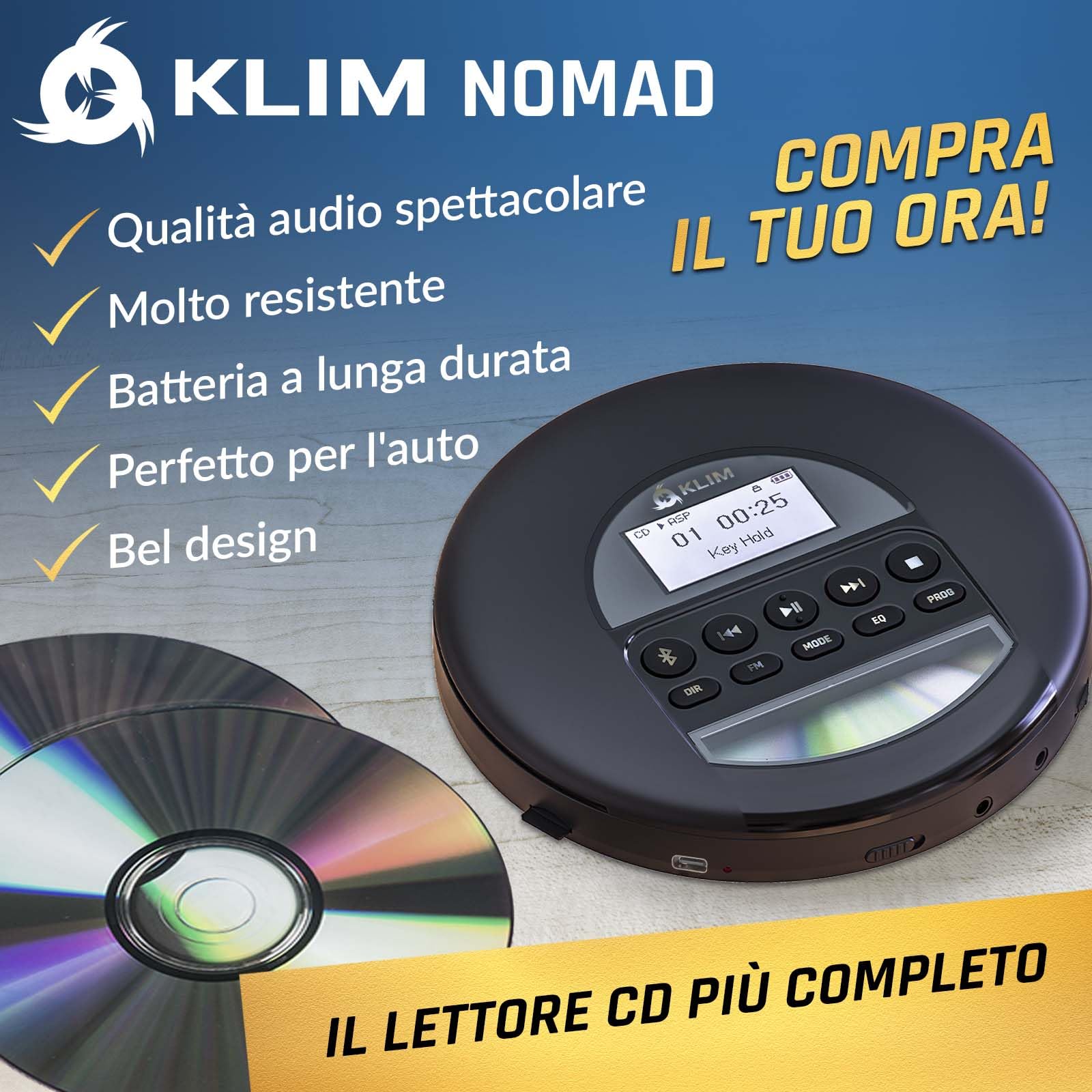 KLIM Nomad - Lettore CD Portatile - Batteria a Lunga Durata - Include Auricolari KLIM Fusion - Compatibile con CDR, CDRW, MP3 - Lettore SD, Radio FM, Bluetooth - Ideale per Auto - Hi-Fi - Argento