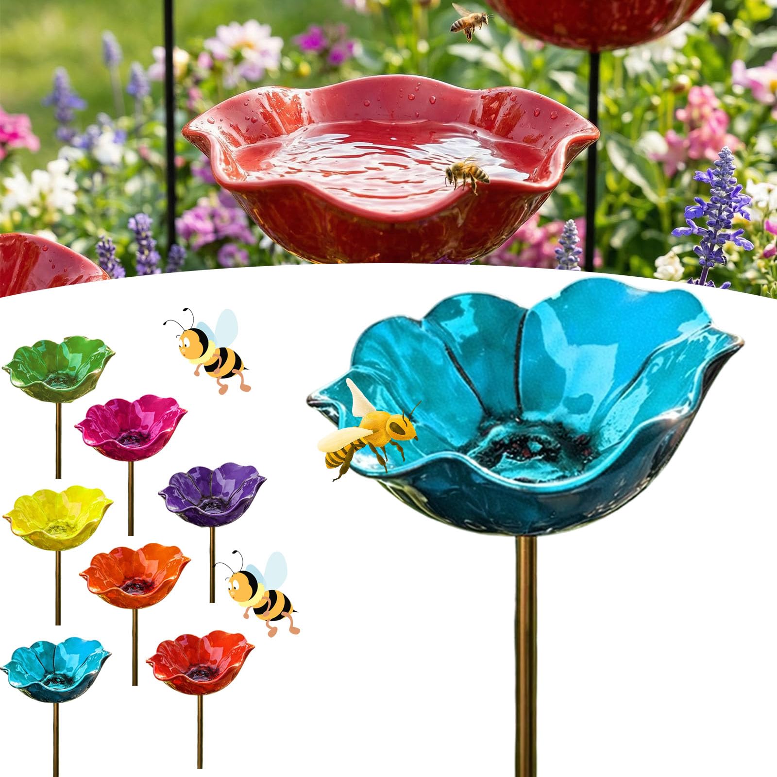 Flower Bee Watering Station, Handmade Metal Ceramic Flowers Bee Bath for Garden, 60cm Metal Bee Water Feeder, Stake Bird Bath for Yard Decor, Decorative Garden Stakes (1PC-C)