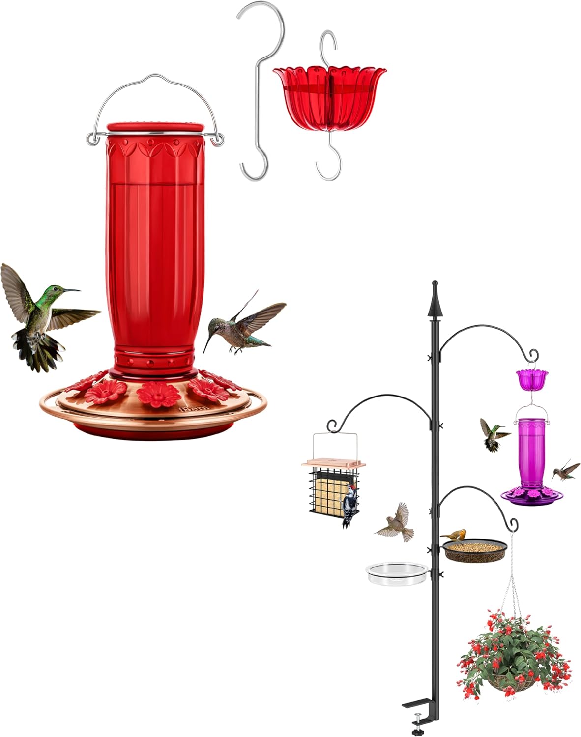 iBorn Shepherds Hooks for Outdoor Clamp On Deck Hook + Ant and Bee Proof Ant Moat for Hummingbird Feeder 8 Ports for 16oz