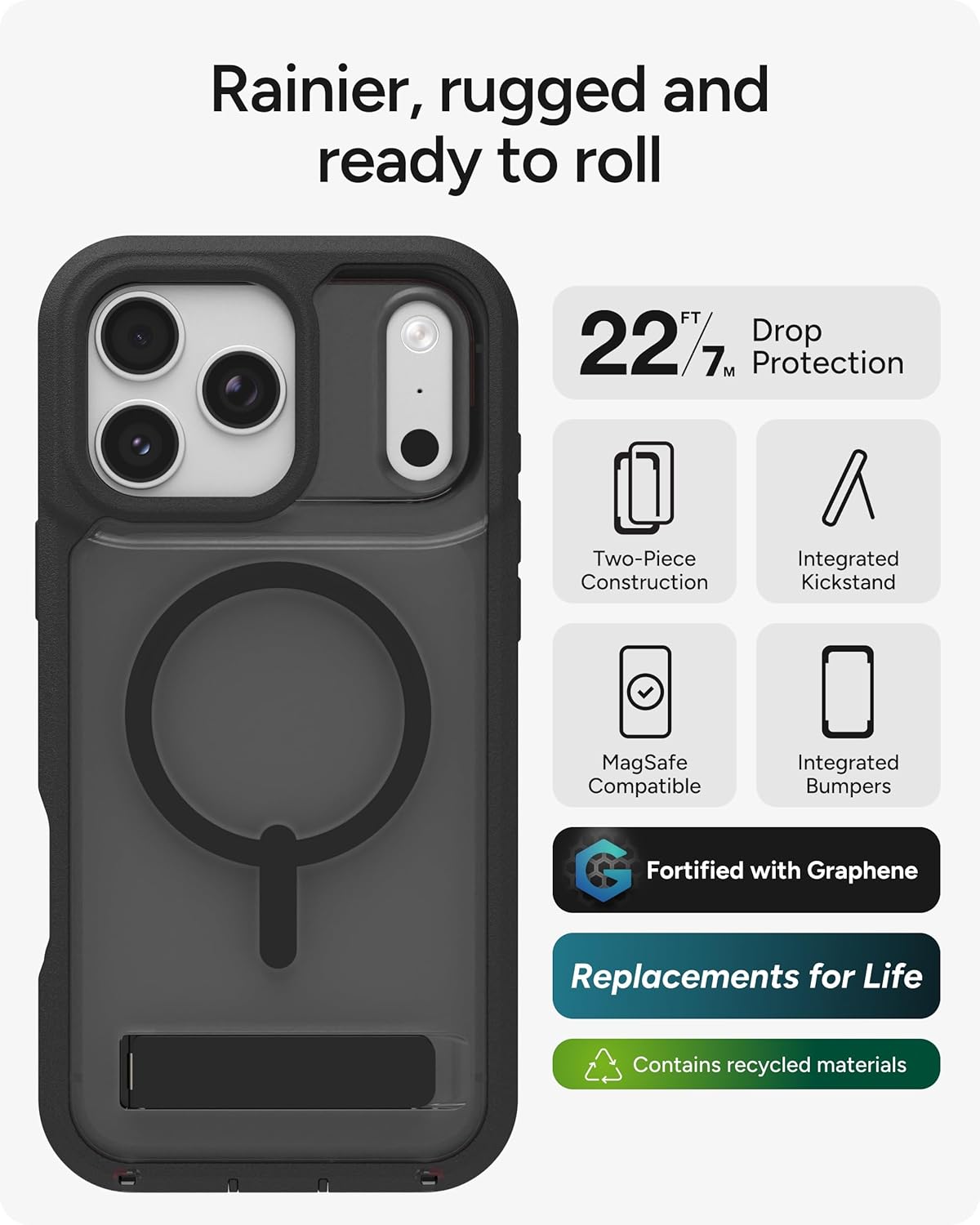 ZAGG Rainier Case with Kickstand for iPhone 17 Pro Max - Smoke Black, Graphene 22ft (7m) Drop Protection, Lanyard Attach Points, MagSafe, Wireless Charging Compatible, 2-Piece Design, Phone Case