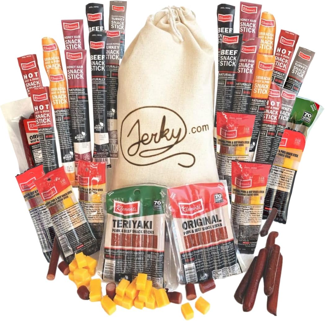 Jerky.com XXL Beef Jerky & Meat Sticks Variety Pack | 52 Piece Gift Basket with Beef Sticks, Pork, Turkey, Ham & Cheese | Over 2 lbs of High Protein Meat Snacks Jerky Gifts | Easter Gifts for Adults