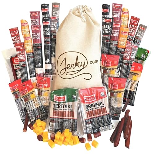 Cesta de regalo de Jerky, 52 bolsas de regalo únicas para palitos de aperitivos, varios paquetes de bocadillos de carne y queso, alto en proteínas,