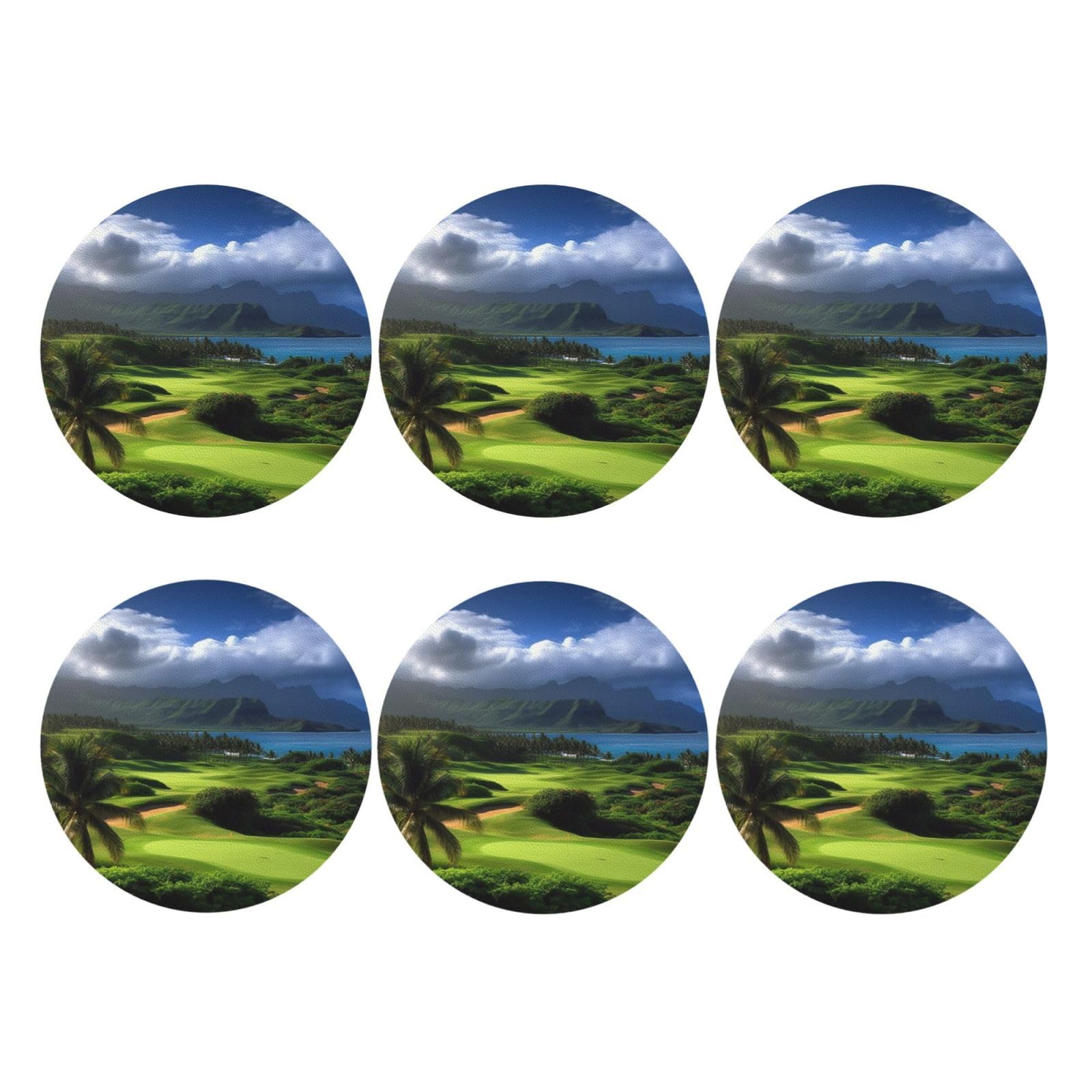 6pcs Leather Coasters for Drinks, Scenic Hawaii Golf Tropical Drink Coasters for Tabletop Protection, 4" Cup Coasters for Coffee Table Decor, Non-Slip Drinking Cup Mat for Hot Or Cold Drink