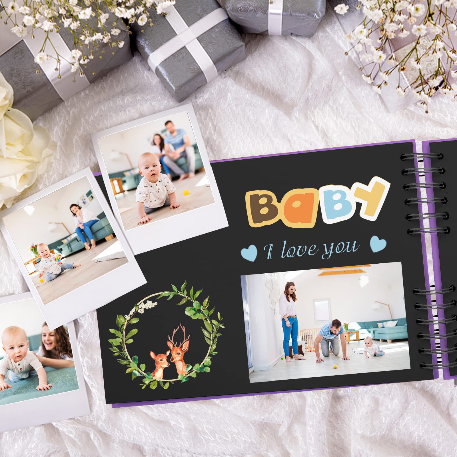EVNEED Album photo pour scrapbooking - Pages noires pour mariage, anniversaire, Saint-Valentin - Avec 15 marqueurs de peinture, 80 pages, violet (40 feuilles)
