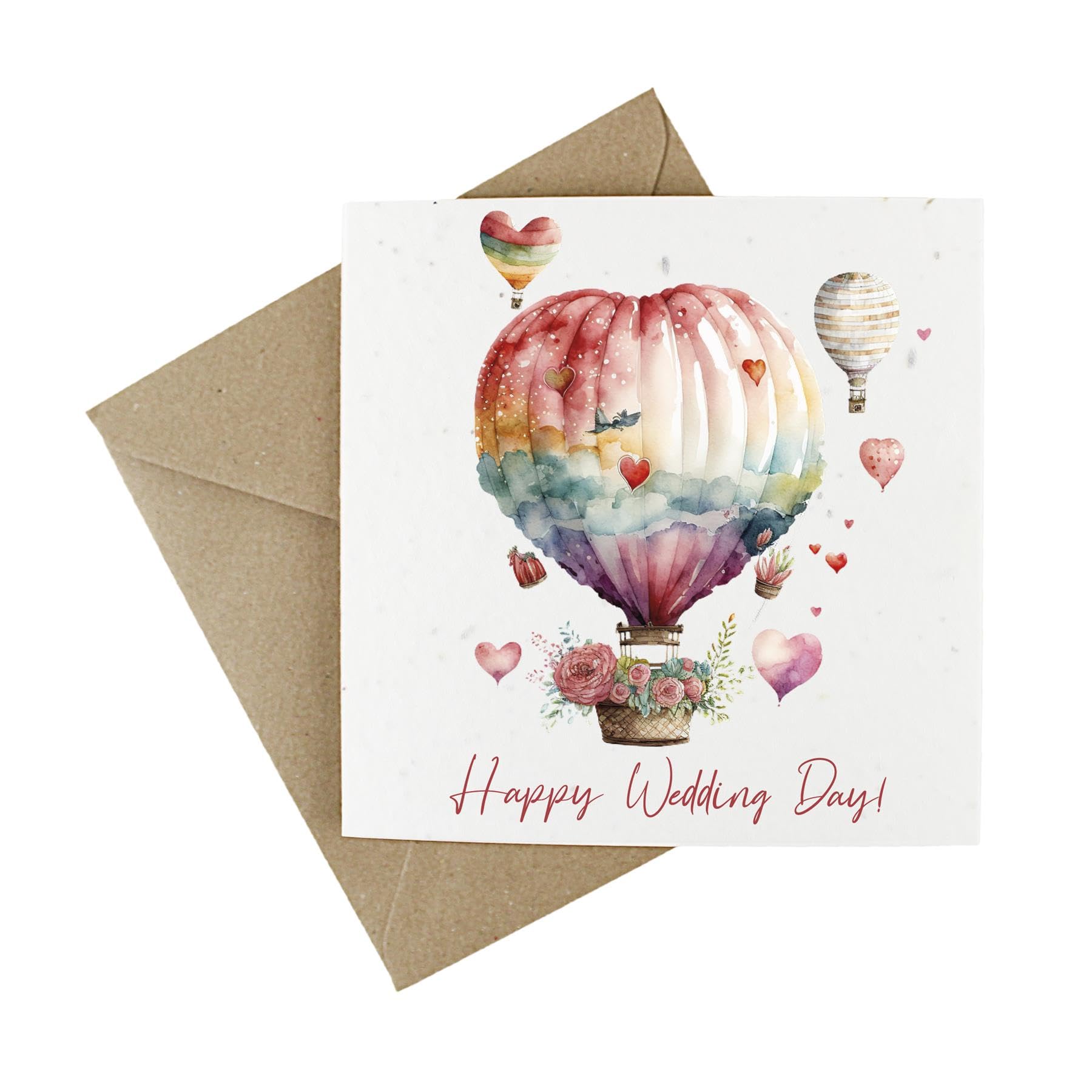 Plantable Wedding Day Card - Eco-Friendly Wildflower Seeded Greeting Celebration Card - Heart Hot Air Balloon